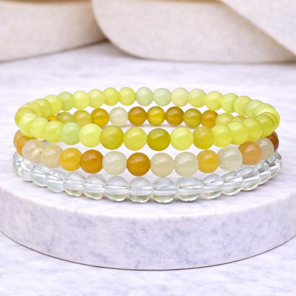 Bundle Deal: Gemstone Bracelet Set (3) 6MM Yellow Agate, Citrine, Clear Quartz